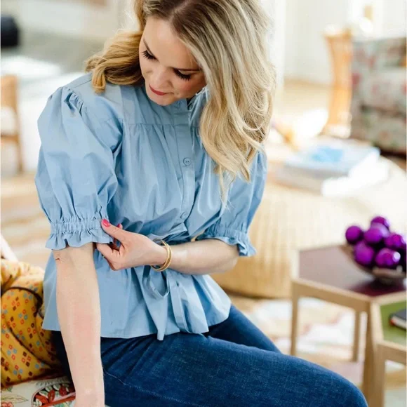 NEW The Shirt by Rochelle Behrens Kayla Shirt Puff Sleeve Tie Top - Picture 2 of 4